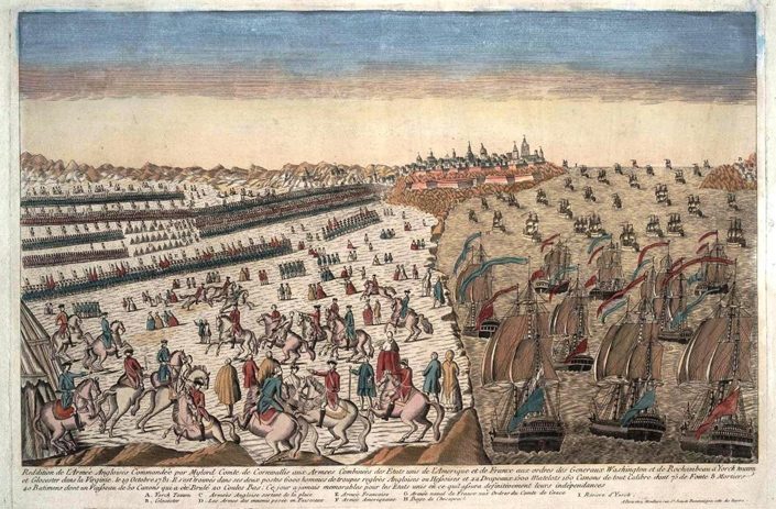 British surrender at Yorktown; note the French naval blockade